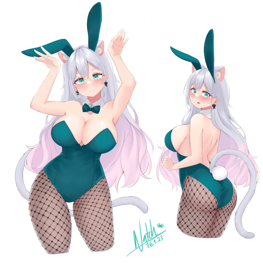 bunny_ears bunny_tail bunnysuit cat_tail crossed_bangs female green_eyes grey_hair hairband highres hiiragi_emuri large_breasts mole mole_under_eye mythic_live natch short_hair sitting virtual_youtuber