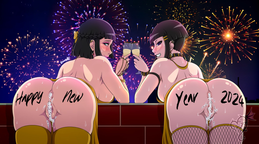 ass ass_focus big_ass big_butt champagne choker cum_in_pussy earrings emiko_(loreleth_oc) fireworks fishnets goth_girl happy_new_year jewelry lore(loreleth_sona) loreleth makeup night oc staring_at_viewer stockings writing_on_ass