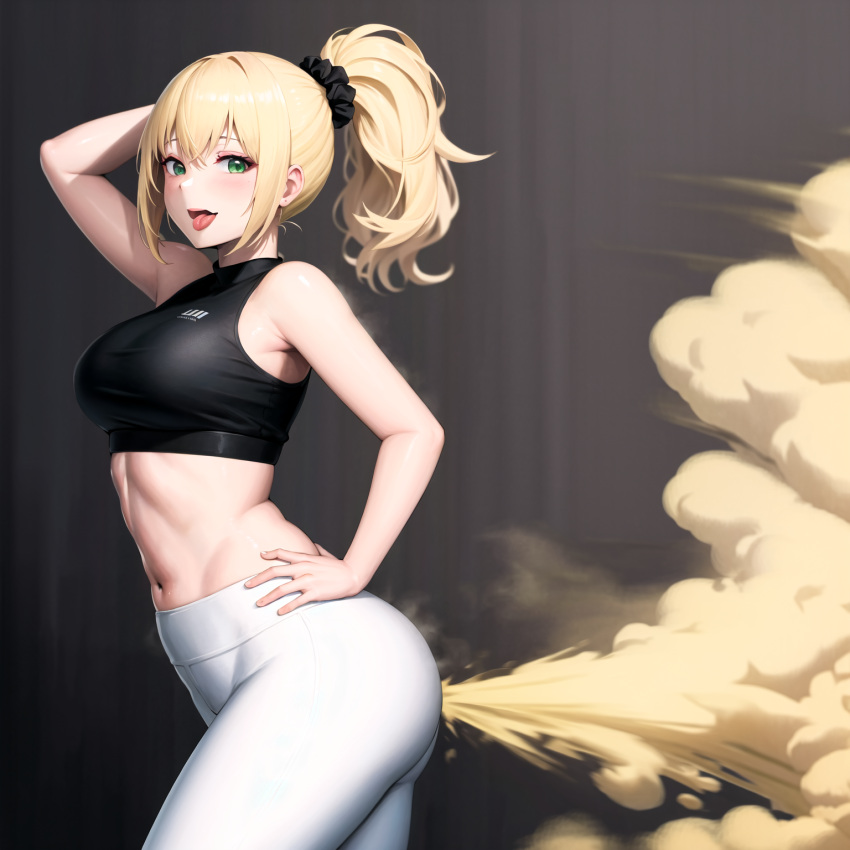 :p ai_generated ass blonde_hair blush breasts crop_top fart fart_fetish farting female green_eyes hair_scrunchie looking_at_viewer medium_breasts midriff open_mouth pants ponytail scrunchie smile solo stable_diffusion tongue tongue_out white_pants yoga_pants