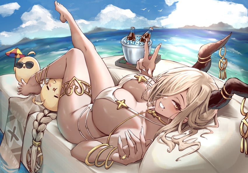 1girls 2024 2d 2d_(artwork) azur_lane bathing_suit beach big_breasts big_thighs bikini blonde_hair blush bracelet bracelets braided_hair braided_twintails breasts cleavage covered_nipples duchessofarmeria ear_piercing feet female female_focus female_only gloves gold gold_(metal) gold_jewelry hair_over_one_eye hi_res highres hips horns huge_breasts large_breasts large_thighs long_fingernails long_hair midriff mole mole_under_mouth ocean owari_(azur_lane) owari_(shimmering_forsythia)_(azur_lane) sakura_empire_(azur_lane) skimpy skimpy_bikini skimpy_clothes slingshot_bikini smartphone smile smiling smiling_at_viewer solo tan-skinned_female tan_skin tanned tanned_skin thick_thighs thighhighs thighs very_long_hair water wide_hips yellow_eyes