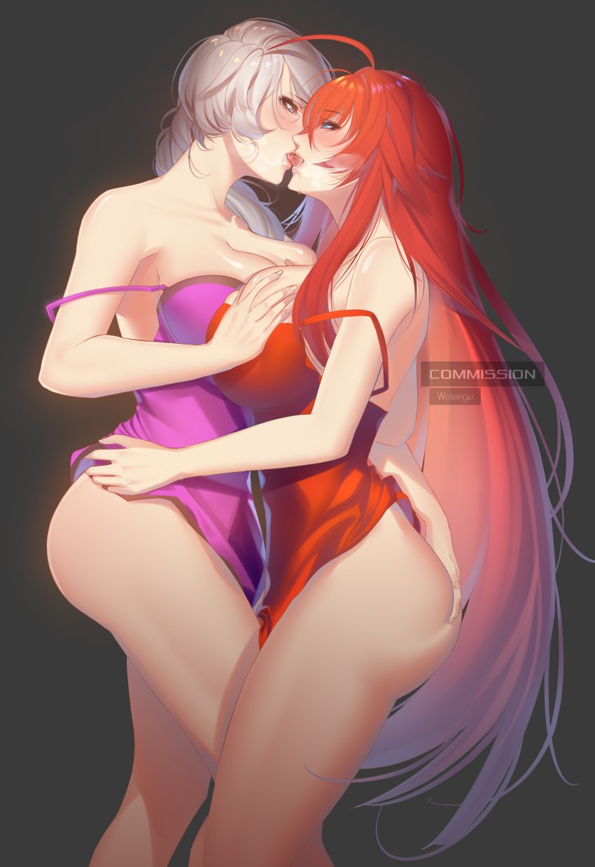 2girls age_difference ahoge ass big_ass big_breasts blue_eyes breasts crossover eastern_and_western_character female female_only hand_on_ass hand_on_breast hand_on_butt high_school_dxd huge_breasts kissing large_ass large_breasts long_hair milf multiple_girls older_female red_hair rias_gremory rwby very_long_hair white_hair willow_schnee wotengu younger_female yuri