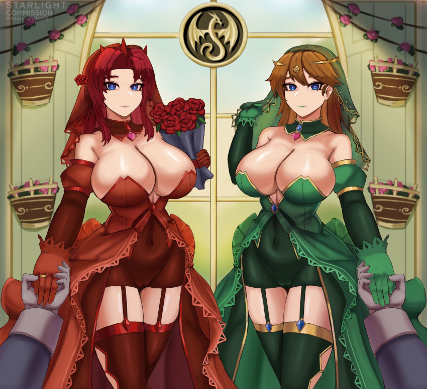 1girls 2girls adventurequest_worlds alternate_breast_size aqw aqworlds artix_entertainment cameltoe cleavage female female_focus gravelyn green_lipstick half-sisters hand_holding huge_breasts large_breasts offscreen_male revealing_clothes robina_hood sisters skimpy_clothes starlightlit22 thighhighs wedding_dress