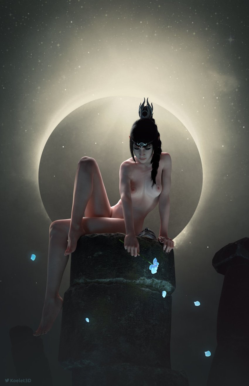 1girls 3d 3d_(artwork) areolae baldur&#039;s_gate baldur&#039;s_gate_3 black_hair braid completely_nude completely_nude_female dungeons_and_dragons elf elf_ears exposed_breasts flower half_elf hi_res highres koelet3d looking_down nipples pillar seated shadowheart sky sole_female solo solo_female wizards_of_the_coast