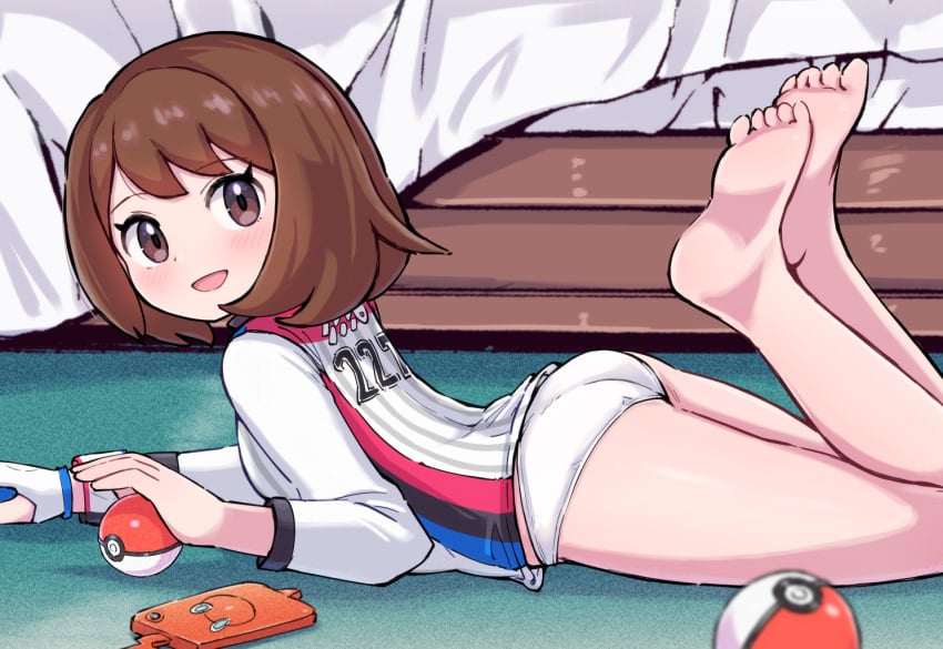 1girls barefoot feet feet_up foot_fetish gloria_(pokemon) jersey kutabireta_neko laying_on_stomach looking_at_viewer no_pants panties pokeball pokemon pokemon_ss short_brown_hair short_hair white_panties