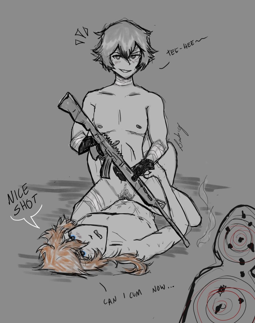 1boy begging bungo_stray_dogs bungou_stray_dogs casual chuuya_nakahara cockwarming confident confident_male confident_smile confidently_naked cowgirl_position cuntboy dazai_osamu dialogue english_dialogue firearm gun human intersex male multitasking pale_skin rifle swiftiegojo vaginal_penetration weapon