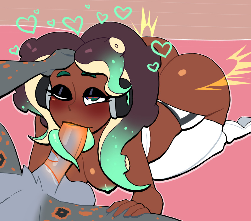 1boy 1girls anthro ass balls big_ass blowjob breasts breasts_out bubble_butt dark-skinned_female dark_skin faceless_male fellatio female hand_on_head huge_ass kneeling lovetopullmicke male marina_(splatoon) nipples octoling on_knees original_character penis splatoon tentacle_hair thick_thighs tongue tongue_around_penis tongue_out tongue_wrap wide_hips