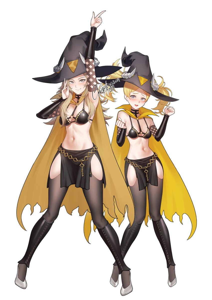 2girls bikini_top black_bikini_top blonde_hair blue_eyes breasts cape cleavage commission cosplay detached_sleeves female female_only fire_emblem fire_emblem_awakening fire_emblem_fates grandmother_and_granddaughter hat high_heels highres large_breasts lissa_(fire_emblem) loincloth long_hair medium_breasts miniskirt multiple_girls navel nintendo ophelia_(fire_emblem) shizuko_hideyoshi teenager thighhighs thighs twintails unicorn_overlord witch witch_costume witch_hat yahna_(cosplay)