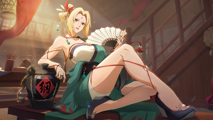 blonde_female blonde_hair hi_res high_heels highres japanese_clothes japanese_clothing kimono naruto naruto_mobile naruto_shippuden official_art painted_nails paper_fan ribbon_bondage ribbons seductive solo_female solo_focus traditional_clothes tsunade wine