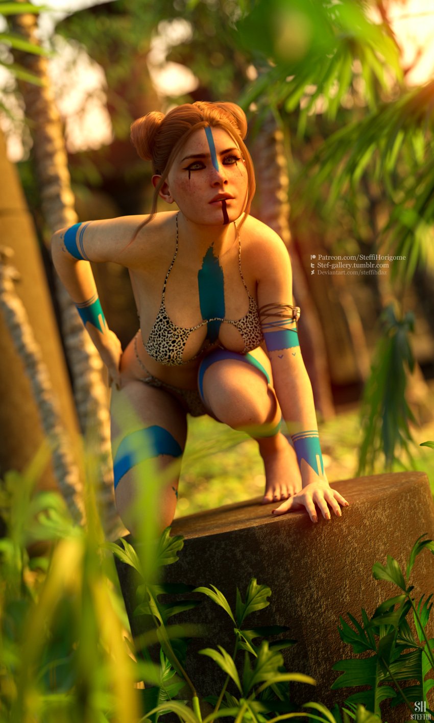 3d 3d_(artwork) 3d_model aloy alternate_breast_size alternate_hairstyle blue_paint guerilla_games horizon_forbidden_west horizon_zero_dawn hunting jungle lingerie lingerie_on_feral lingerie_only looking_away partially_clothed partially_clothed_female partially_nude partially_nude_female red_hair seductive seductive_look steffih_daz tribal tribal_markings tribal_paint