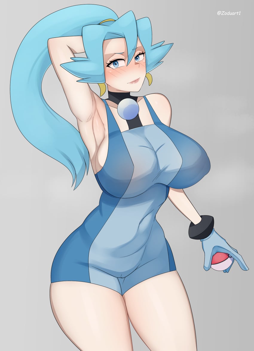 1girls armpits big_breasts blue_eyes blue_hair blush blush_lines blushing_at_viewer chubby_female clair clair_(pokemon) clothed female grey_background gym_leader hand_behind_head looking_at_viewer pokemon pokemon_girl pokemon_gsc pokemon_ss ponytail pose solo tight_clothing zoduart1