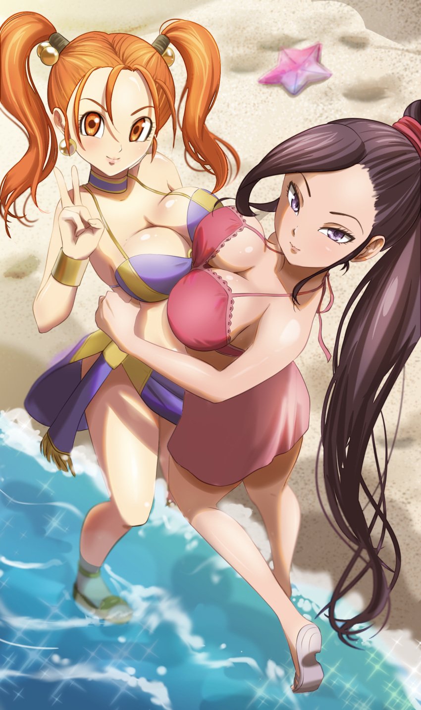 2girls beach bikini dragon_quest dragon_quest_viii dragon_quest_xi hug jade_(dq11) jessica_albert large_breasts looking_at_viewer looking_back official_alternate_costume silkentofu skeb_commission swimsuit water