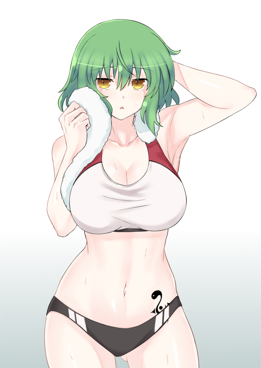 1girls black_buruma bra breasts buruma drying_off green_hair hikage_(senran_kagura) large_breasts looking_at_viewer midriff navel senran_kagura short_hair snake_tattoo sports_bra sweat tattoo towel white_bra white_sports_bra yellow_eyes zatsu