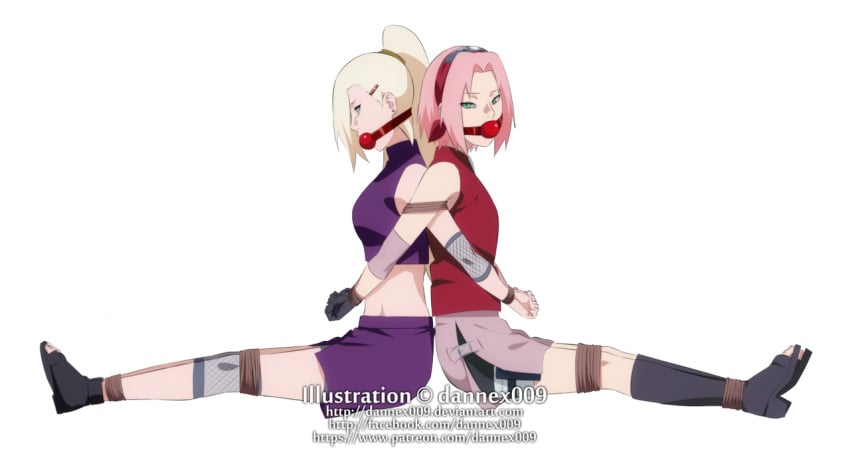 2girls arms_tied ball_gag blonde_hair bondage breasts crop_top dannex009 earrings female female_only femsub gag gagged gloves green_eyes hairband hairclip ino_yamanaka legs_tied looking_at_viewer medium_breasts multiple_girls multiple_subs naruto naruto_shippuden pink_hair pink_shirt pink_shorts ponytail purple_crop_top purple_skirt rope rope_bondage sakura_haruno sandals shirt short_hair shorts skirt tied_together