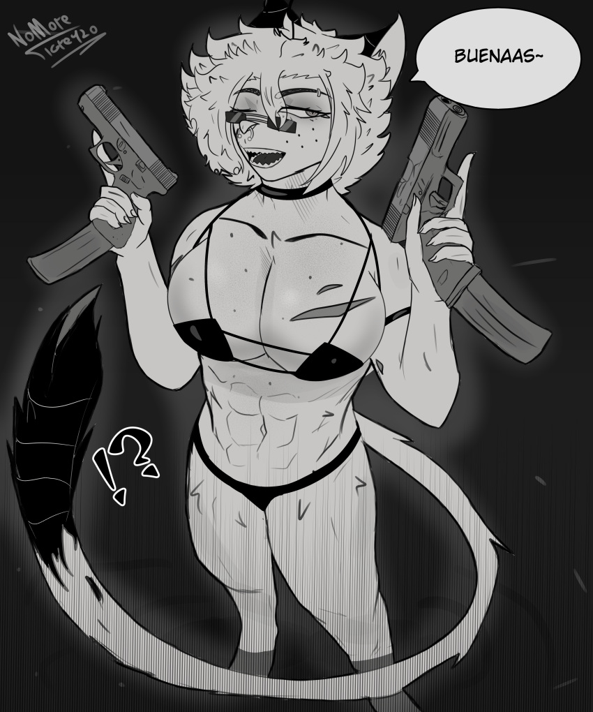 1girls abs absurd_res animal_ears anthro arthropod artist_name ass biceps bikini black breasts cleavage clothed clothing collar comic dani_von_maschinegewehr dialogue digital_media_(artwork) eyebrow_piercing eyewear felid feline felis female freckles freckles_on_breasts fur glasses gun hair halterneck handgun hi_res holding_gun hybrid hymenopteran insects large_breasts linea_alba looking_at_viewer mammal manga muscular muscular_anthro muscular_female navel nomoretigre420 nose_piercing nose_ring open_mouth piercing ranged_weapon scar smile smug solo spanish_text speech_bubble standing swimwear tail text thick_thighs tomboy topwear wasp watermark weapon wildcat