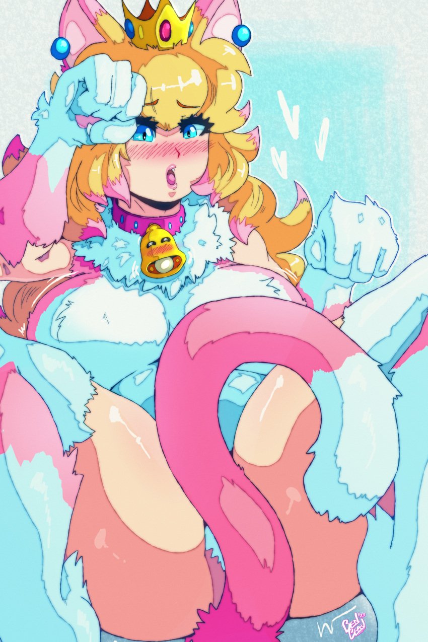 1girls bell benbeau big_breasts blonde_hair breasts cat_ears cat_peach cat_tail catgirl catgirl_costume female long_hair mario_(series) nintendo princess_peach super_mario_3d_world tagme thick_thighs