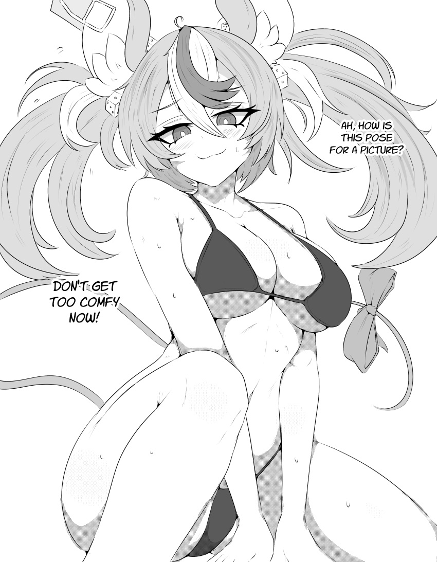 :3 arms_between_legs bikini blush dialogue english_text greyscale hakos_baelz hololive hololive_english hololive_english_-council- hololive_english_-promise- huge_breasts looking_down mayoartworks monochrome photoshoot posing sweaty text thick_thighs virtual_youtuber wide_hips