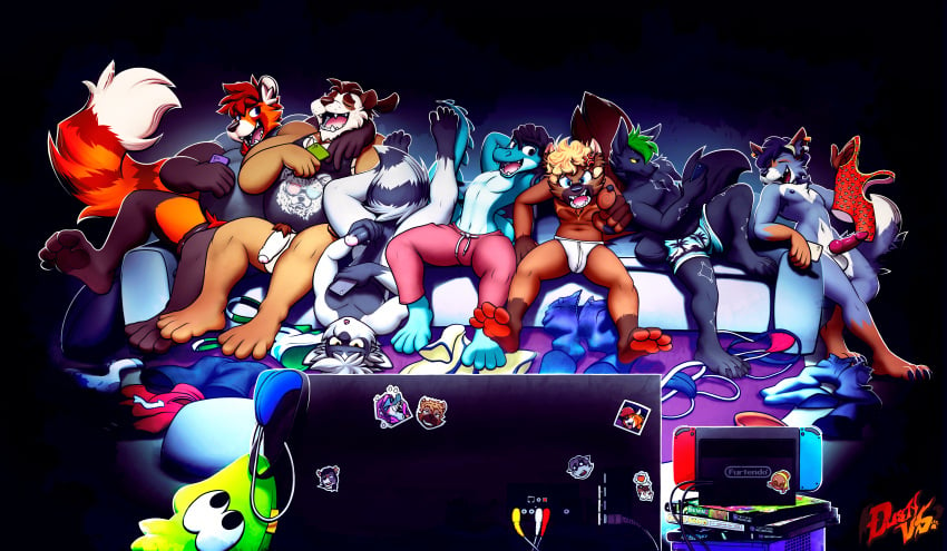 absurd_res ailurid alligator alligatorid anthro arrow_vaiva bear canid canine canis cellphone clothes_on_floor clothing crocodilian darwin's_fox dustythebat electronics fourplex frye_(splatoon) furniture gamecube genitals giant_panda giratin group gulonine hi_res jockstrap keaton_(ohthatsit) lycalopex male mammal marten masturbation mustelid musteline nintendo nintendo_switch penis phone pine_marten pitch_black_(character) procyonid qinling_panda raccoon red_panda redhoodraccoon reptile rudderbutts scalie shirt sofa strip_game tank_top television topwear underwear val_(valpanda) wolf