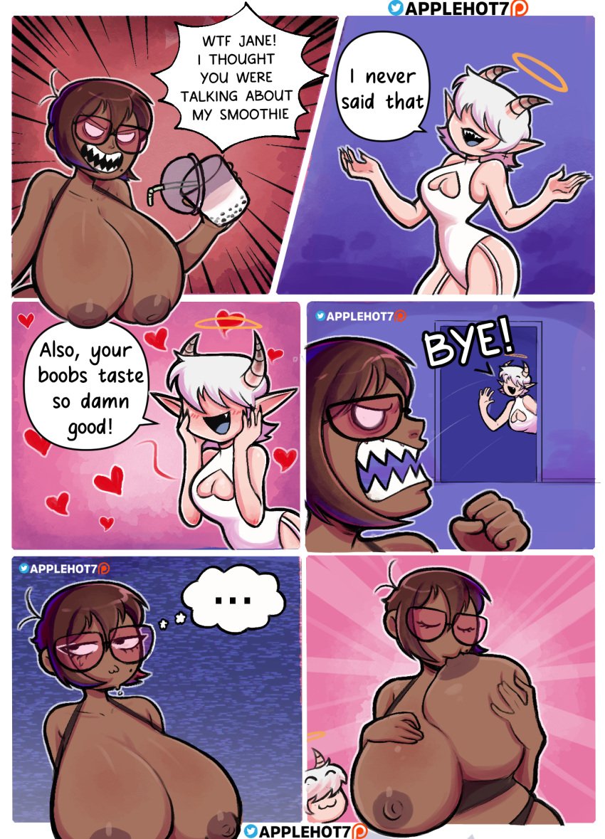 2girls after_breast_sucking angry applehot autobreastfeeding breast_sucking breastfeeding_self bubble_tea closed_eyes comic dark-skinned_female dark_nipples dark_skin demon_girl drinking_own_milk english_text garter_straps glasses halo huge_breasts jane_(applehot) lactation mara_(applehot) nipples original self_breast_sucking sharp_teeth smoothie topless yuri