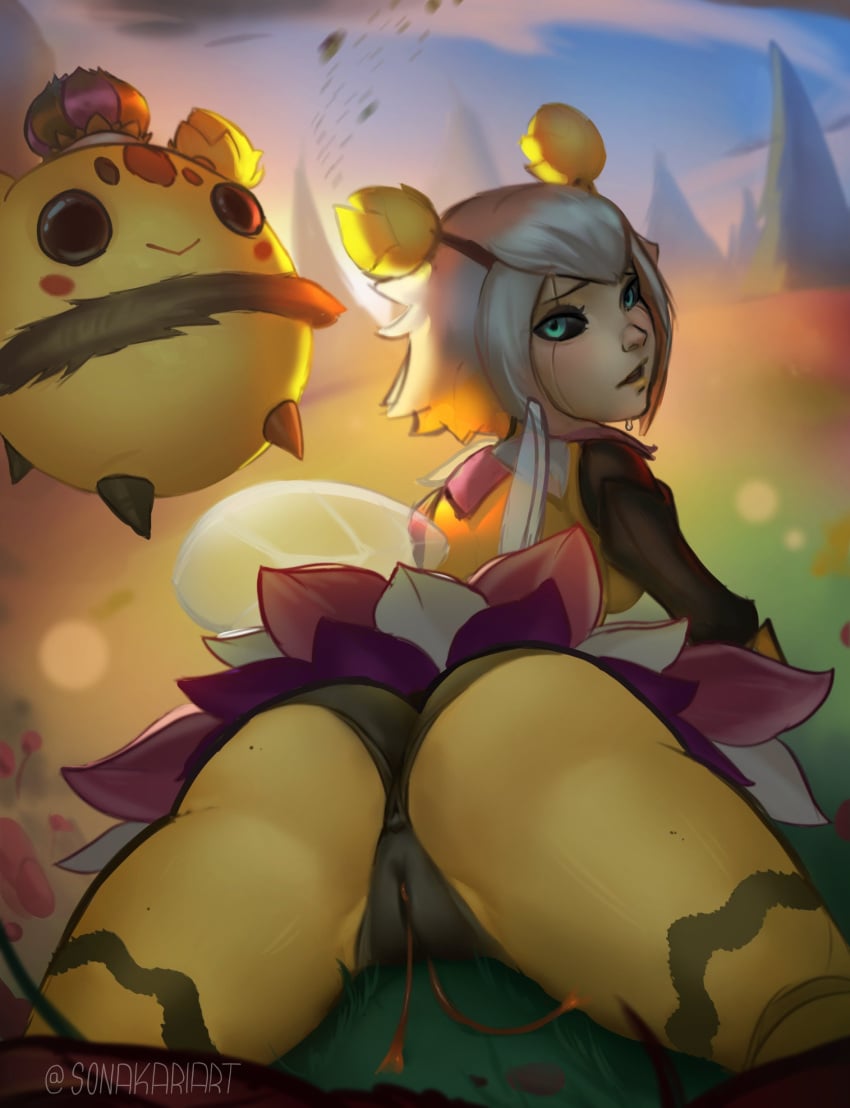 1girls anus ass bees_series blue_eyes blush bottomless league_of_legends looking_at_viewer looking_back open_mouth orbeeanna orianna partially_clothed presenting pussy pussy_juice short_hair solo sonakariart thick_thighs white_hair