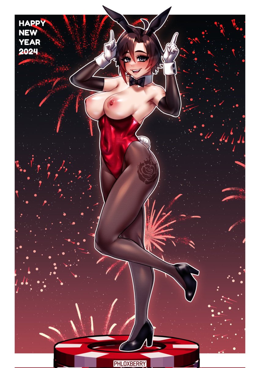 1girls 2024 alternate_version_available areolae bare_shoulders big_breasts black_and_red_hair bowtie breasts bunny_ears bunny_girl bunny_tail bunnysuit corset exposed_breasts female fireworks grapesliime happy_new_year high_heels new_year nipples pantyhose phloxberry poker_chip red_and_black_hair red_highlights rooster_teeth ruby_rose rwby short_hair silver_eyes