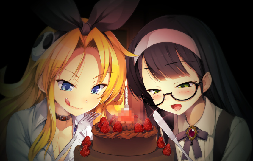 2girls black_hair blonde_hair blue_eyes cake cauliflower censored erectlip femdom first_porn_of_franchise food_penetration food_play game_cg glasses green_eyes headband little_do_s_bitch partial_male penis