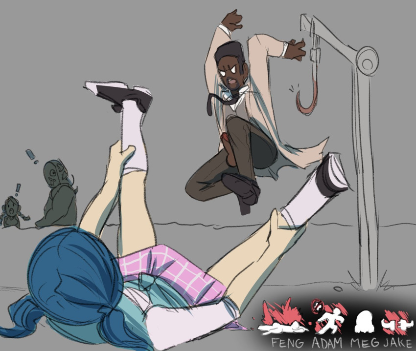 2boys 2girls adam_francis beard black_hair blue_hair dark-skinned_male dark_skin dbd dead_by_daylight evan_macmillan feng_min gameplay_mechanics hook imminent_sex jake_park light-skinned_female light_skin lying meg_thomas on_back pants penis presenting shirt shoes skirt socks spread_legs testicles the_trapper tie twintails ultran3rd