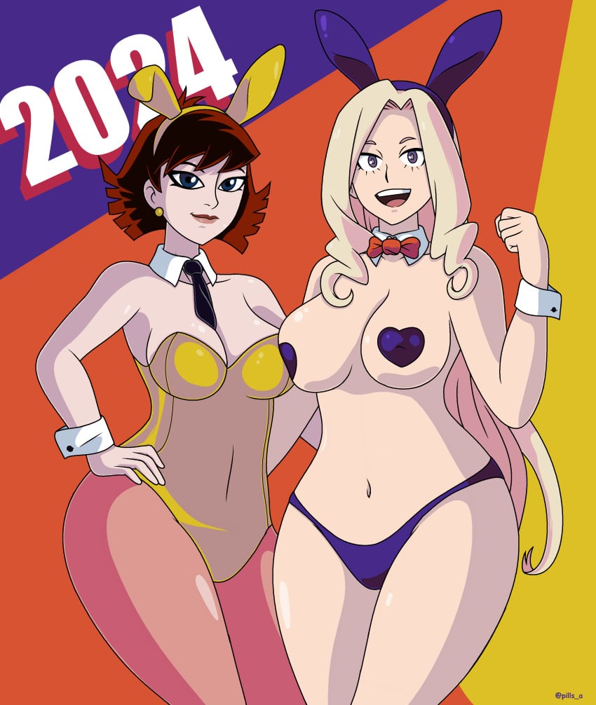 2024 2d 2girls artist_name avengers big_breasts breasts bunnygirl bunnysuit crossover eastern_and_western_character female female_only janet_van_dyne lipstick looking_at_viewer marvel marvel_comics mount_lady multiple_girls my_hero_academia no_sex open_mouth panties pasties pills-in-a-little-cup tagme the_avengers:_earth's_mightiest_heroes trait_connection wasp_(earth's_mightiest_heroes) wasp_(marvel) yuu_takeyama