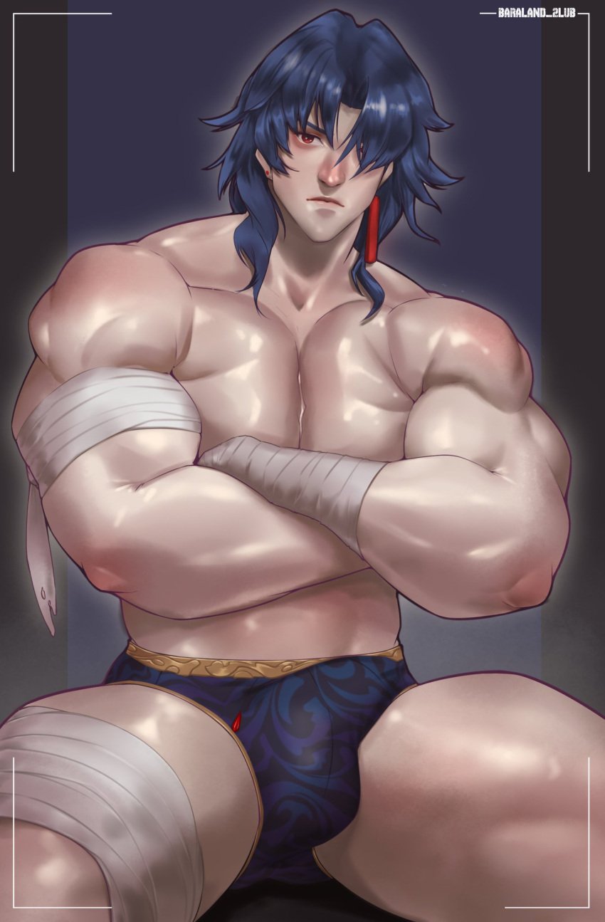 2lubkhland bara big_bulge blade_(honkai:_star_rail) blue_hair bulge honkai:_star_rail looking_at_viewer male male_focus male_only muscles muscular muscular_male solo solo_focus solo_male underwear underwear_only