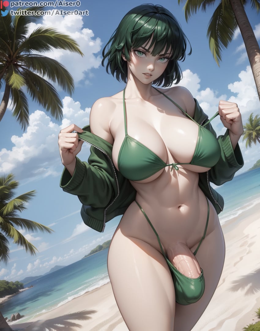 1futa ai_generated aiser0 beach bikini breasts bulge fubuki_(one-punch_man) futa_sans_pussy futanari green_hair hoodie large_breasts large_penis looking_at_viewer one-punch_man open_hoodie outside penis standing thighs veiny_penis