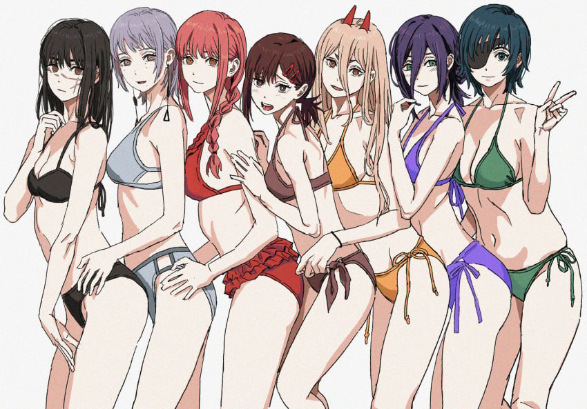 2024 6+girls bare_legs bikini black_bikini blush braid braided_ponytail breasts brown_bikini chainsaw_man commentary cross-shaped_pupils demon_horns eyepatch fami_(chainsaw_man) feet_out_of_frame female female_only frilled_bikini frills from_side green_bikini grey_bikini hair_between_eyes happy_new_year higashiyama_kobeni himeno_(chainsaw_man) horns long_bangs looking_at_viewer looking_to_the_side makima_(chainsaw_man) medium_breasts mole mole_under_eye multiple_girls navel new_year power_(chainsaw_man) purple_bikini red_bikini reze_(chainsaw_man) ringed_eyes scar scar_on_face shiren shiren_(ourboy83) short_ponytail siblings side-tie_bikini_bottom sidelocks simple_background sisters small_breasts smile stomach string_bikini swimsuit symbol-shaped_pupils v yellow_bikini yoru_(chainsaw_man)