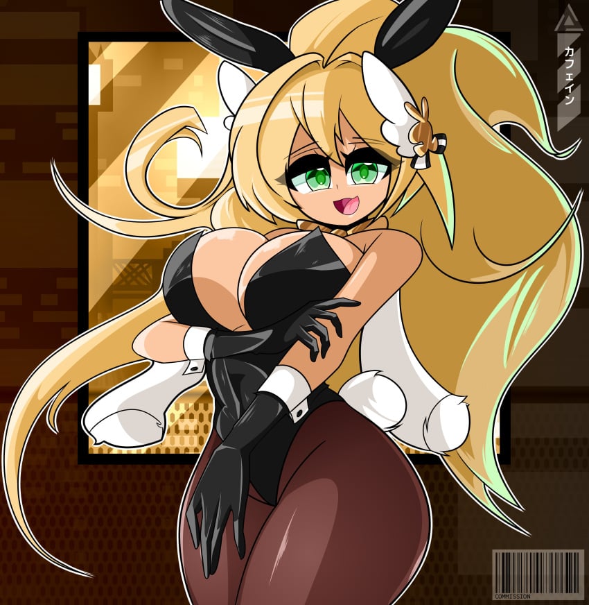 1girls barcode big_breasts black_legwear black_leotard blonde_hair breasts bunny_ears bunny_girl bunny_tail bunnysuit cleavage eyebrows_visible_through_hair female female_only gloves goddess_of_victory:_nikke green_eyes gyaru hair_intakes hair_ornament hair_ribbon japanese_text kafein leotard long_hair looking_at_viewer official_alternate_costume open_mouth ribbon rupee_(nikke) rupee_(rabbit_deluxe)_(nikke) tanned tanned_female tanned_skin thighs yellow_hair