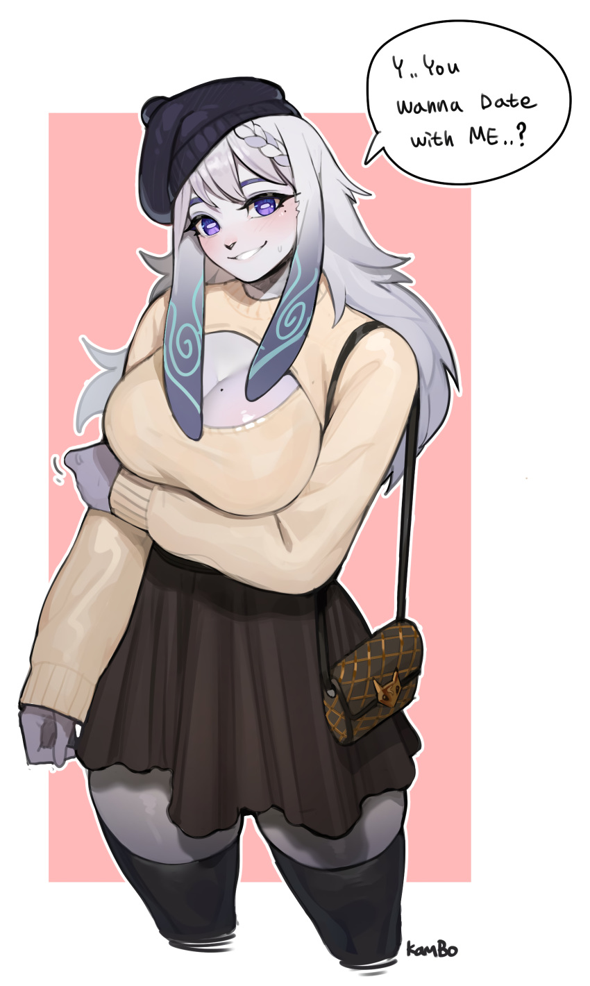 absurd_res absurdres anthro artist_name big_breasts blue_eyes blush blushing boob_window clothed clothing english_text female hat hi_res highres jambo janjin192 kindred lamb_(league_of_legends) league_of_legends long_ears long_hair looking_at_viewer no_mask simple_background skirt smile solo stockings sweater three-quarter_portrait white_fur