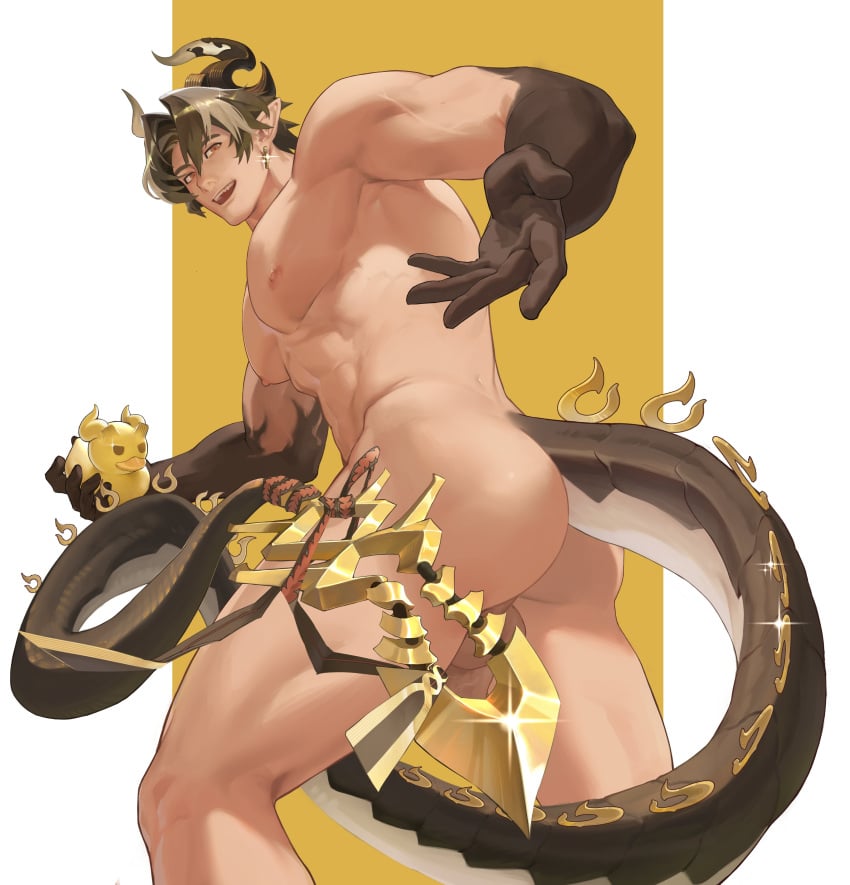 1boy abs absurdres arknights ass back bara black_hair chong_yue_(arknights) completely_nude dragon_boy dragon_horns dragon_tail earrings erection haruki_(haruki096) highres horns jewelry large_pectorals male_focus multicolored_hair muscular muscular_male nipples nude open_mouth pectorals penis pointy_ears short_hair smile solo tail testicles thick_thighs thighs two-tone_hair white_hair