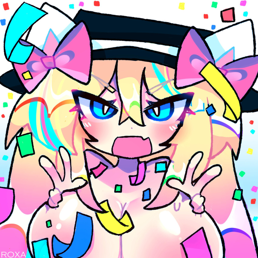 1girls angry angry_face artist_signature blue_eyes blush breasts breasts breasts cat_ears confetti fedora gradient_hair large_breasts nude nude_female open_mouth peace_sign roblox robloxian roxa_(roxapox) roxapox simple_background