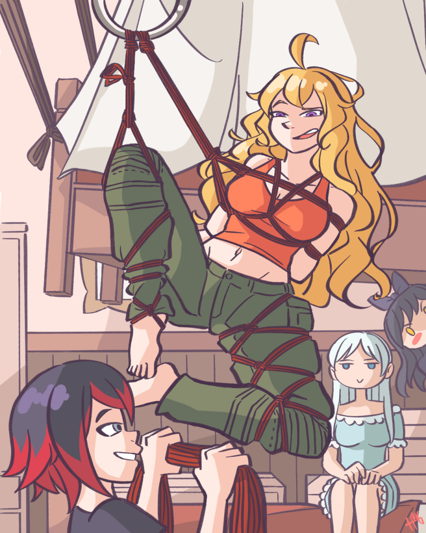 2022 4girls ahoge barefoot black_hair blake_belladonna blonde_hair blue_eyes blush bondage casual exposed_midriff feet female female_only hinewguy human midriff multiple_girls pajamas purple_eyes red_highlights rooster_teeth ruby_rose rwby shibari shibari_over_clothes silver_eyes sisters smiling team_rwby watching_from_afar watermark weiss_schnee white_hair yang_xiao_long yellow_eyes