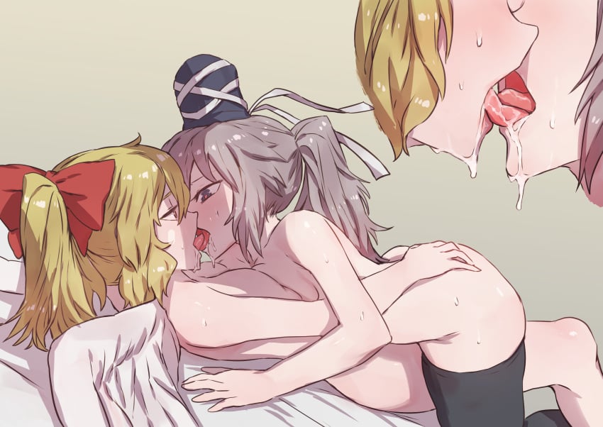 2girls black_headwear blonde_hair blue_eyes bow breasts breasts_squeezed_together commission commissioner_upload completely_nude french_kiss gengetsu gengetsu_(touhou) grey_hair hairbow hand_on_another's_back hat heart heart-shaped_pupils highres kissing mononobe_no_futo multiple_girls nude on_bed ponytail red_bow saliva saliva_drip senmura simple_background skeb_commission sweat sweatdrop symbol-shaped_pupils tate_eboshi thighhighs tongue tongue_out touhou touhou_(pc-98) white_wings wings yuri