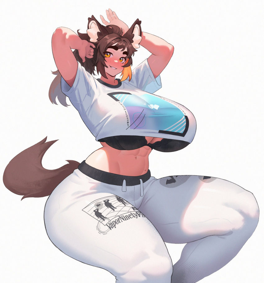 2020s 2024 2d 2d_(artwork) animal_ears belt big_breasts big_thighs black_bra blush blush bra_visible_through_clothes breasts brown_hair busty cleavage ear harufeng hi_res highres hips hourglass_figure huge_breasts large_breasts large_thighs light-skinned_female light_skin midriff milf navel orange_eyes original original_character pants short_hair smile smiling tail thick_thighs thighs tight_clothing tomboy tomboy_milf toned toned_stomach underboob vicky_(harufeng) voluptuous white_background white_pants wide_hips