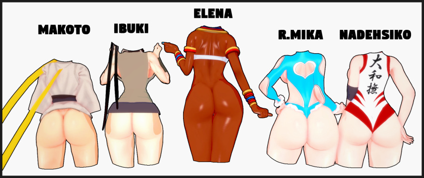 5girls amanwithnoplan ass big_ass bottomless capcom elena_(street_fighter) huge_ass ibuki_(street_fighter) makoto_(street_fighter) mika_nanakawa multiple_girls rainbow_mika street_fighter street_fighter_alpha street_fighter_alpha_2 street_fighter_alpha_3 street_fighter_iii street_fighter_iii:_3rd_strike street_fighter_iii_(series) street_fighter_v take_your_pick thong thong_leotard white_background yamato_nadeshiko yamato_nadeshiko_(street_fighter)