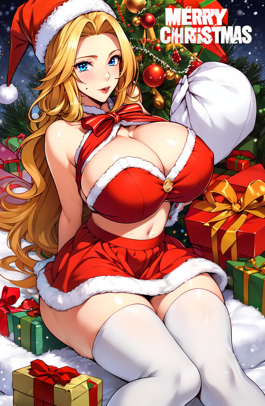 ai_generated beauty_mark bleach blonde_hair blue_eyes breasts christmas christmas_outfit cleavage curvaceous_figure female full_lips gloves hat large_breasts long_hair matsumoto_rangiku merry_christmas midriff mole mole_under_mouth navel sack santa santa_costume santa_hat skirt solo stable_diffusion thighhighs unstable_diffusion wavy_hair