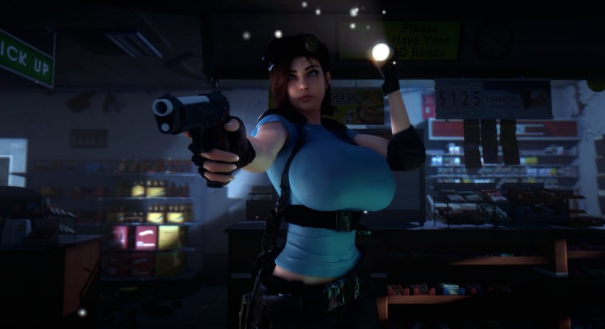 1girls 3d 3d_(artwork) alternate_breast_size beret breasts breasts_bigger_than_head brown_hair clothed clothed_female female female_only fingerless_gloves flashlight fully_clothed gigantic_breasts gloves gun hair_over_one_eye hat holding holding_gun holding_object holding_weapon hourglass_figure huge_breasts human human_female jill_valentine pistol resident_evil resident_evil_3 solo solo_female top_heavy vaako weapon wide_hips