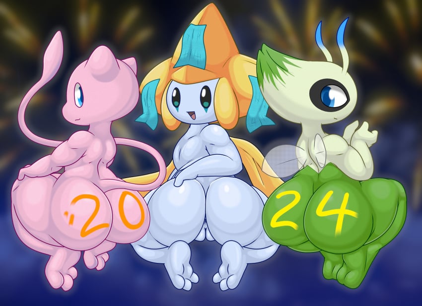 2024 absurd_res adeviantcritter ambiguous_gender antennae_(anatomy) anthro anus ass barefoot big_butt black_eyes blue_eyes body_writing butt_focus celebi closed_smile completely_nude completely_nude_female facial_markings feet female female_only fireworks floating full_body generation_1_pokemon generation_2_pokemon generation_3_pokemon genitals green_body grey_body group head_markings hi_res holidays jirachi legendary_pokemon long_tail looking_at_viewer looking_back looking_back_at_viewer markings mew_(pokemon) mouth_closed naked naked_female new_year new_year_2024 nintendo nude nude_female open_mouth open_smile pink_body pokemon pokemon_(species) presenting presenting_hindquarters pussy ribbons_(anatomy) short_stack smile tail thick_thighs toes tongue translucent translucent_wings trio wide_hips wings writing_on_butt yellow_body