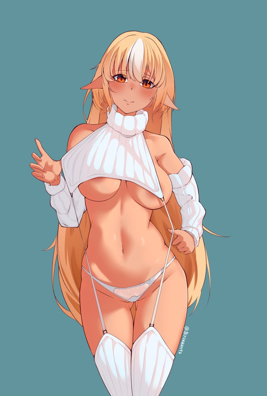 1girls 2023 areola_slip artist_name ass_visible_through_thighs bare_shoulders belly_button big_breasts blonde_hair blush breasts byakku_(byakkun97) cleavage dark-skinned_female dark_elf dark_skin elf elf_ears embarrassed eyebrows eyebrows_visible_through_hair eyelashes female garter_straps hololive hololive_fantasy hololive_japan legwear long_hair looking_at_viewer meme meme_clothing no_bra orange_eyes panties pointy_ears shiranui_flare simple_background solo standing sweater thighs underwear virgin_destroyer_sweater virtual_youtuber white_garter_straps white_legwear white_panties white_sweater white_underwear