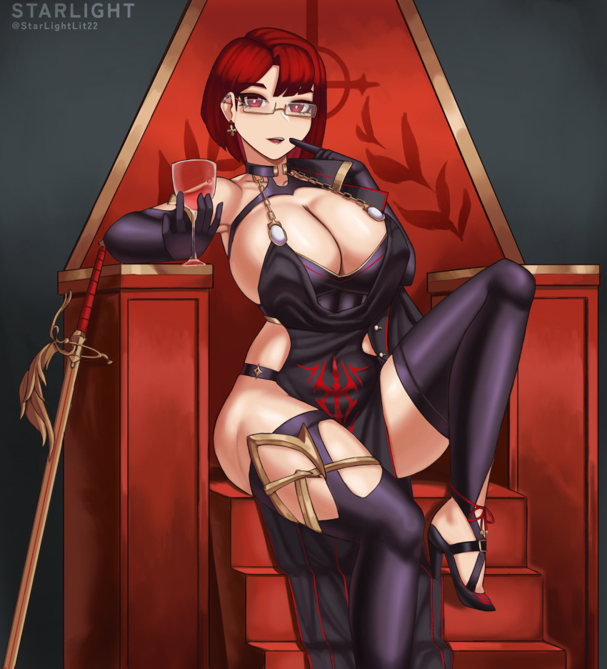 1girls adventurequest_worlds aqw aqworlds artix_entertainment female glasses huge_breasts large_breasts original_character short_hair sitting_on_throne skimpy_clothes solo starlightlit22 throne throne_room wine_glass