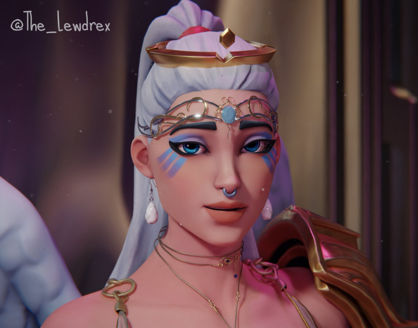 1girls 3d angel angel_wings ark_(fortnite) bed bed_sheet bedroom blender blue_eyes blue_lipstick bra close-up cloth clothing_removed earrings epic_games face_closeup female female_focus female_only fortnite fortnite:_battle_royale harem_outfit highres lewdrex light-skinned_female light_skin lipstick long_hair looking_at_viewer makeup nose_piercing on_bed panties ponytail presenting shoulder_armor shoulder_pads sitting sitting_on_bed solo solo_focus underwear watermark white_hair