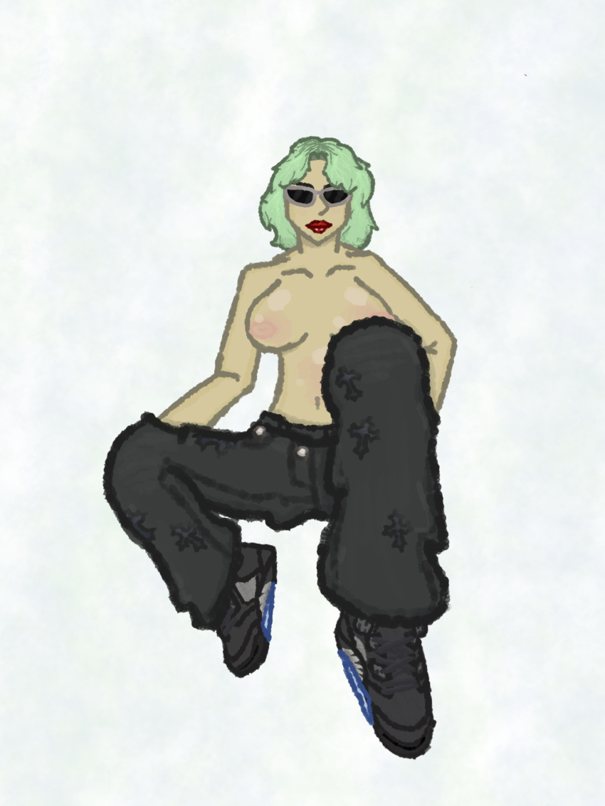 1girls air_jordan balenciaga breasts female green_hair helios_(sunless_city) jeans nike oc simple_background sitting sunglasses sunless_city