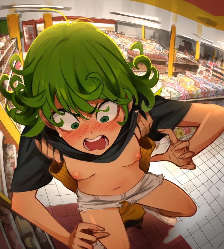 2girls accidental_exposure assisted_exposure blush embarrassed female female_only fubuki_(one-punch_man) green_eyes green_hair khyleri lifting lifting_person multiple_girls navel nipples no_bra nude one-punch_man petite_body shirt_lift small_breasts solo_focus tatsumaki topless wardrobe_malfunction