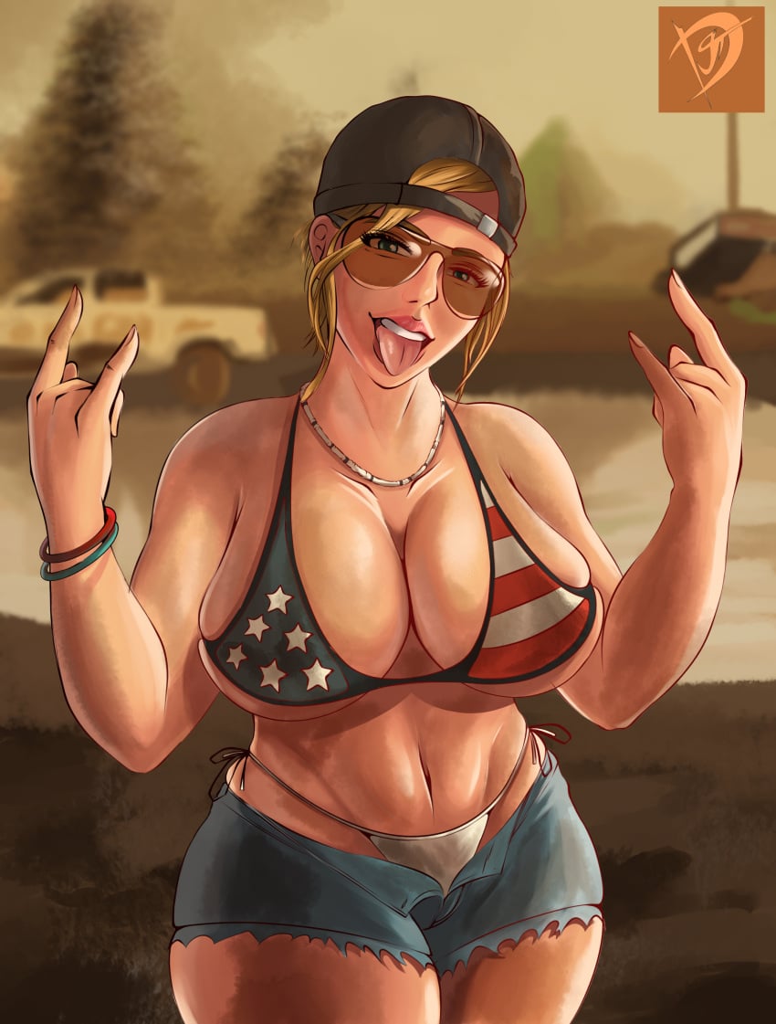 american_flag_bikini big_breasts blonde_female blonde_hair brown-tinted_eyewear darth_jin grand_theft_auto grand_theft_auto_vi mud mud_girl_(gta_vi) redneck slutty_clothing sunglasses thick_thighs tinted_eyewear