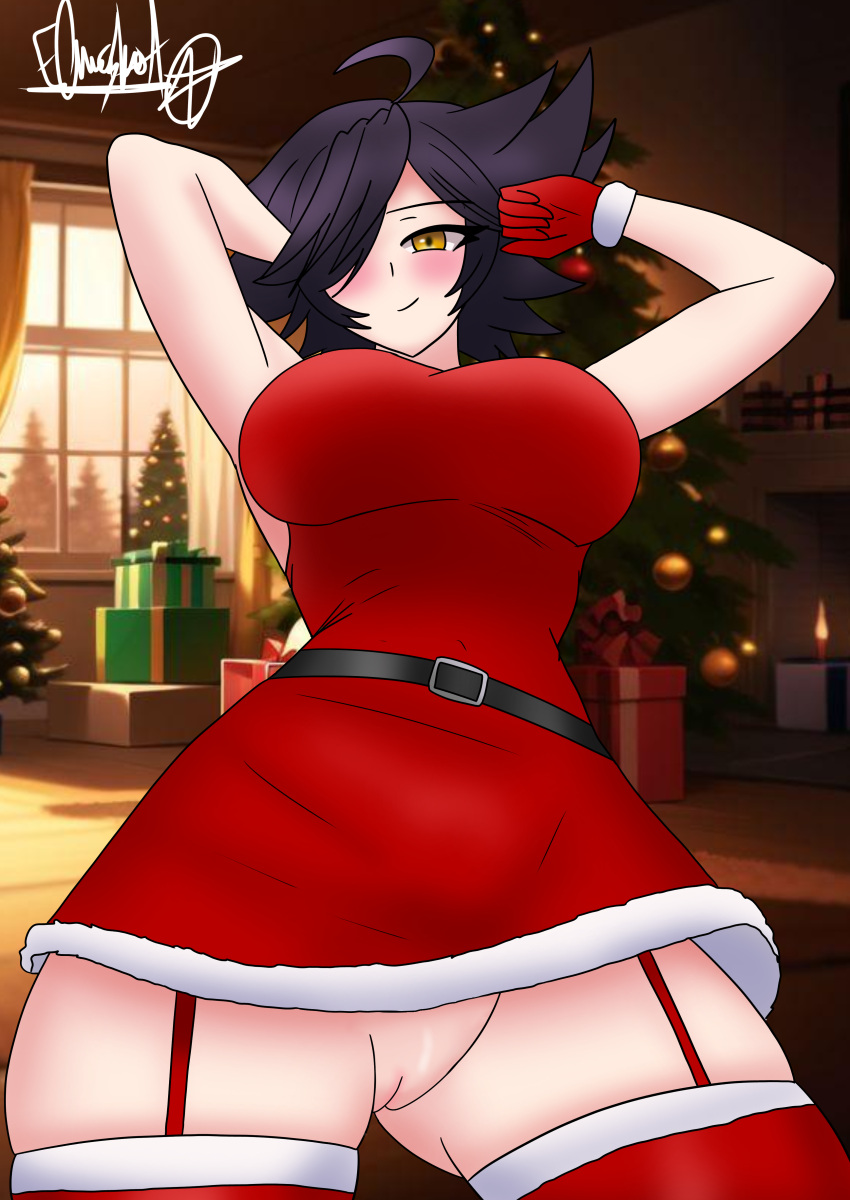 big_breasts christmas christmas_outfit dark_purple_hair elmashoarts hispanic_virtual_youtuber karmavt merry_christmas no_panties owozu purple_hair pussy virtual_youtuber vtuber yellow_eyes