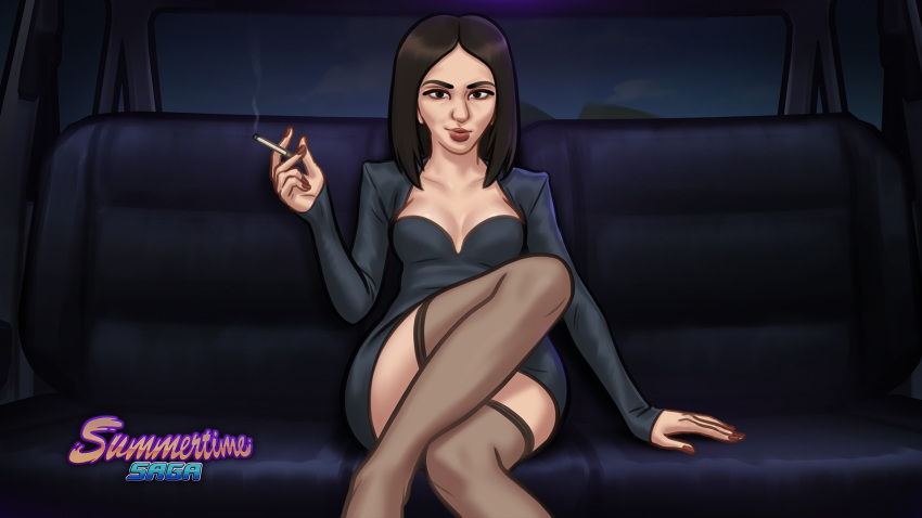 1girls 2d_(artwork) black_hair breasts brown_eyes car car_interior car_seat cleavage clothed clothing darkcookie digital_drawing_(artwork) digital_media_(artwork) dress female female_focus highres jacket legs_up legwear light-skinned_female light_skin looking_at_partner looking_at_viewer male_pov nadya_(summertime_saga) pinup pov pov_eye_contact see-through see-through_legwear sitting small_breasts smile smiling solo_focus summertime_saga thick_thighs wallpaper watermark