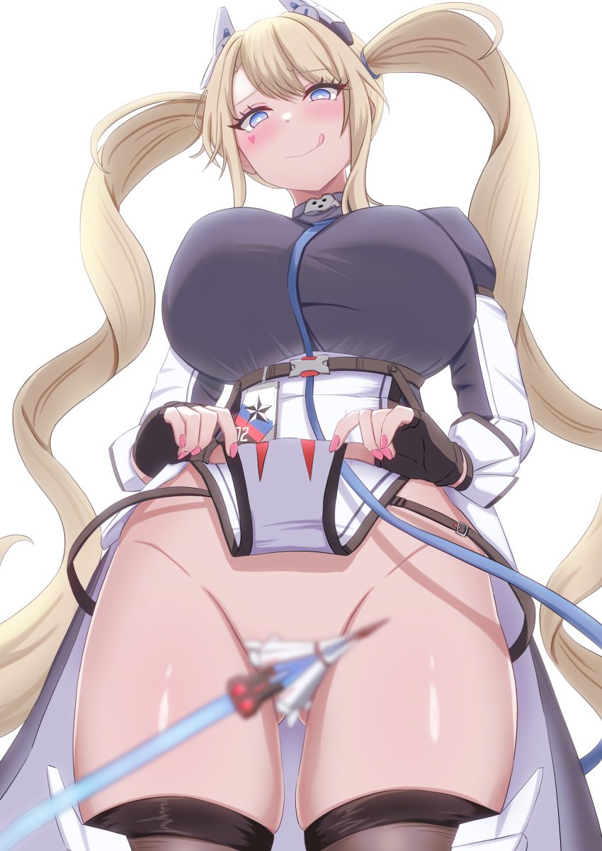 1girls arrow azur_lane blonde_hair breasts clothed clothing clothing_lift eagle_union_(azur_lane) female female_only guam_(azur_lane) hair_ornament huge_breasts kaki_(p_m_lostman) licking_lips lifting_clothing light-skinned_female light_skin looking_at_viewer looking_down no_panties pink_nails purple_eyes solo star-shaped_pupils symbol-shaped_pupils teasing twintails